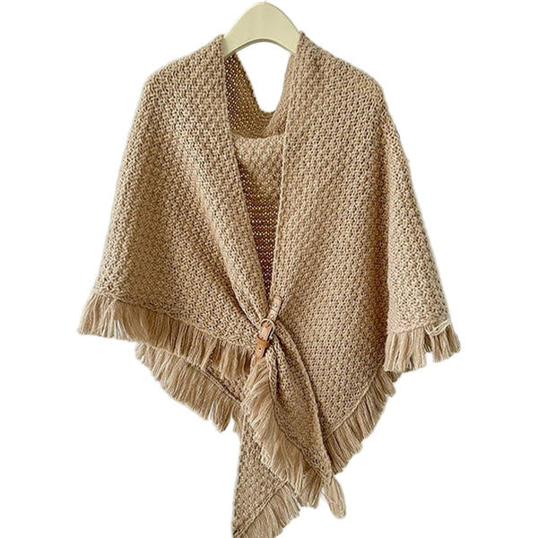 Tanya Knit Cape With Fringe & Buckle - Lady of the Lake