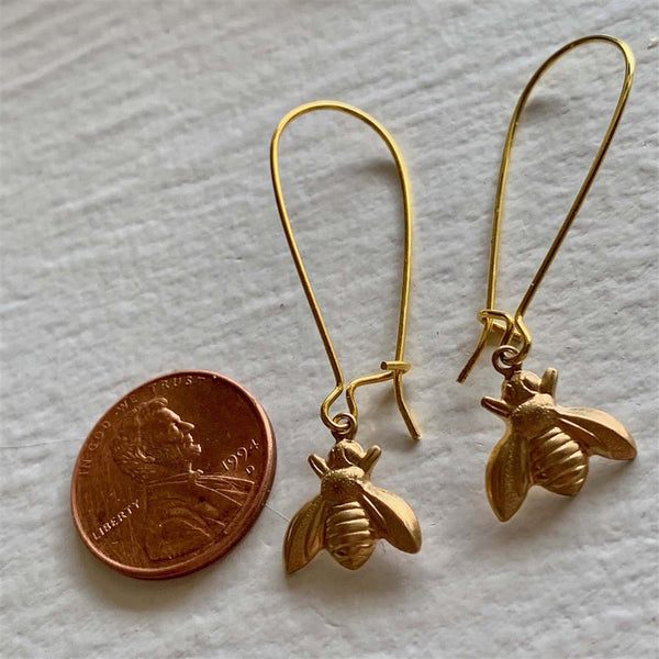 The Bees Knees Raw Brass Honey Bee Drop Earrings - Lady of the Lake