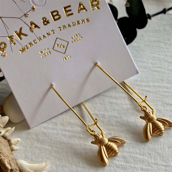 The Bees Knees Raw Brass Honey Bee Drop Earrings - Lady of the Lake