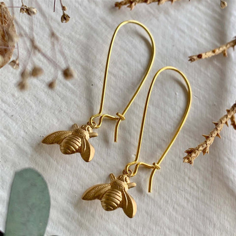 The Bees Knees Raw Brass Honey Bee Drop Earrings - Lady of the Lake