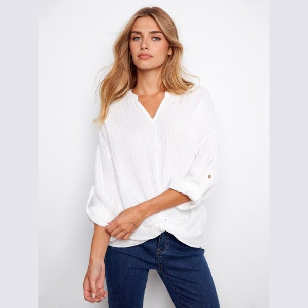 Vanessa Bubble Cotton Blouse With Front Twist - Lady of the Lake