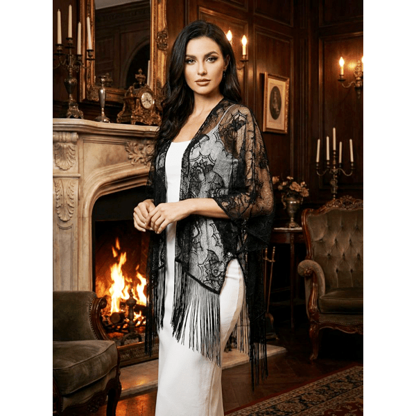 Victorian Gothic Tasselled Shawl With Bats - Lady of the Lake