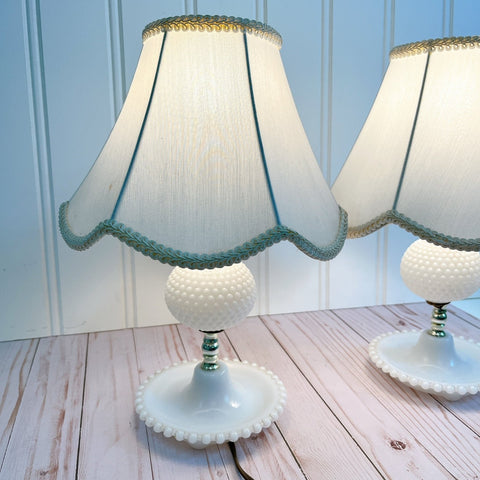 Vintage Hobnail Milk Glass Lamp With Shade - Set of 2