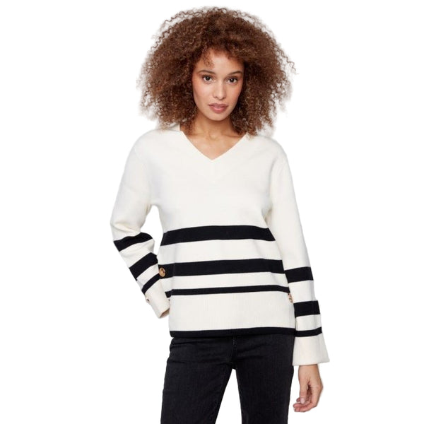 Vivian Striped Wide Cuff V - Neck Sweater With Side Buttons - Lady of the Lake