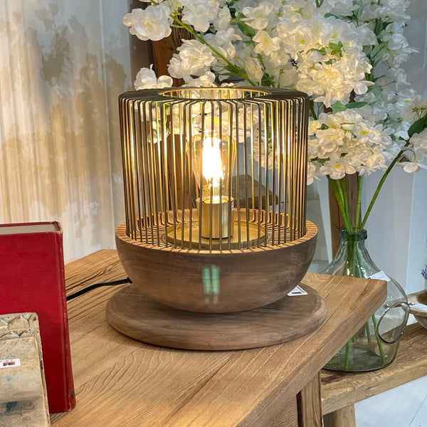 Caged Table Lamp With Wooden Base