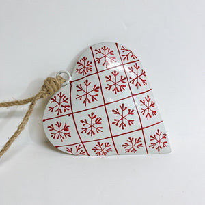 White & Red Scandi Inspired Metal Heart Ornament