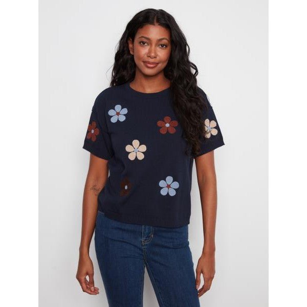 Winona Elbow Sleeve Embroidered Flowers Sweater - Lady of the Lake