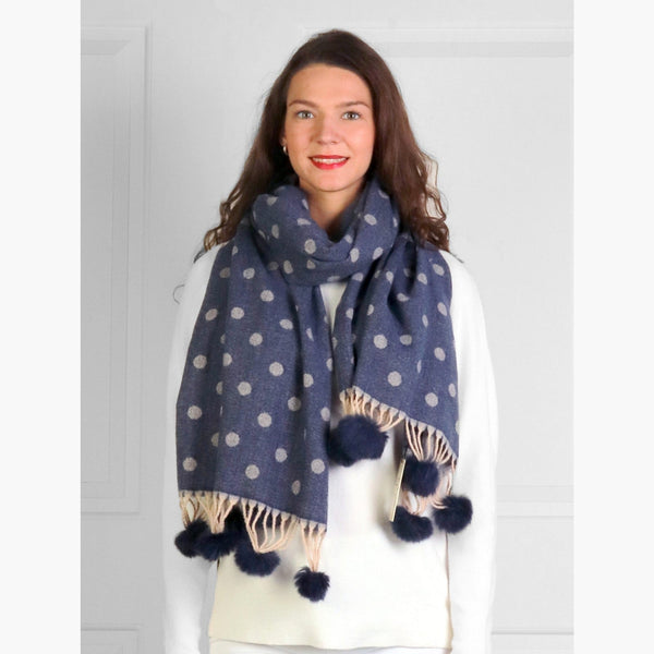 Winter Scarf - Cashmere Feeling Polka Dot With Pom Poms