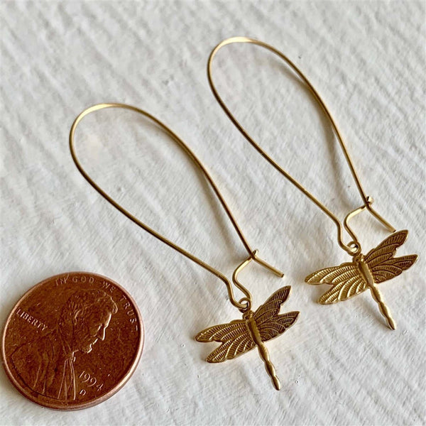 Wisp Raw Brass Dragonfly Drop Earrings - Lady of the Lake