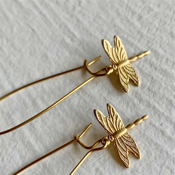 Wisp Raw Brass Dragonfly Drop Earrings - Lady of the Lake