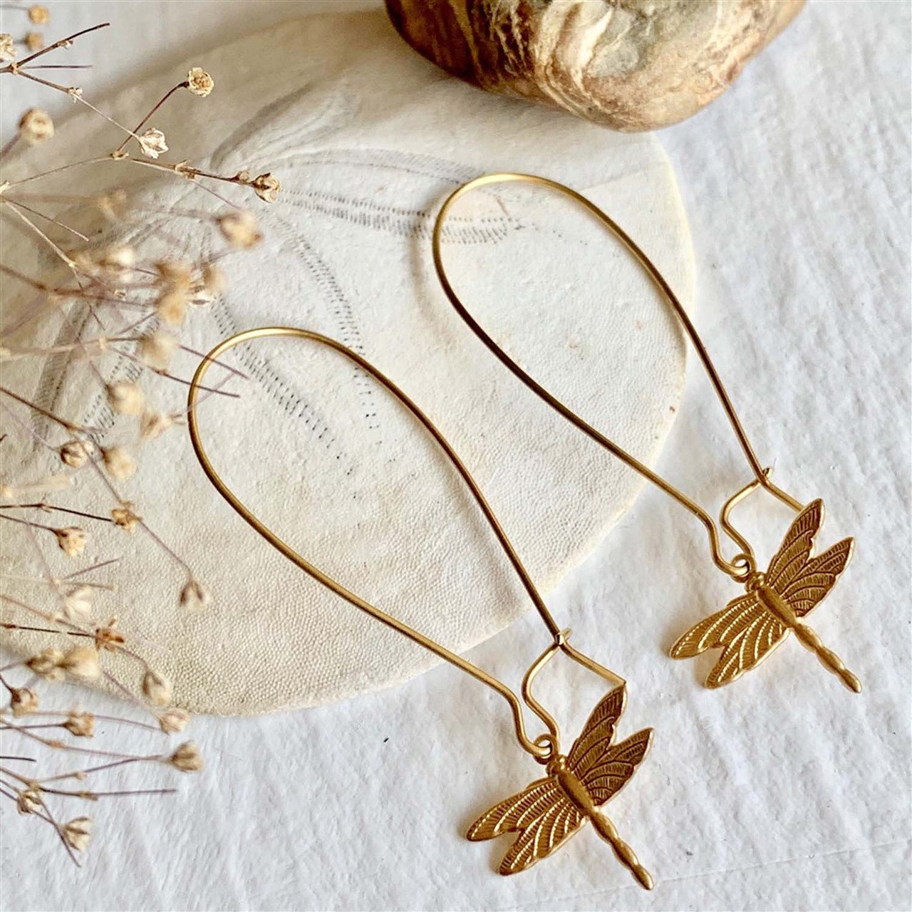 Wisp Raw Brass Dragonfly Drop Earrings - Lady of the Lake