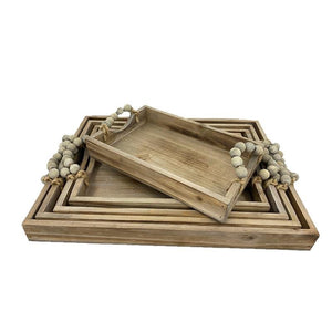 Wooden Rectangular Tray With Beaded Handles