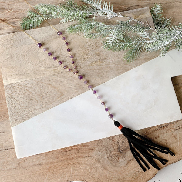 Amethyst Beaded Rosary Necklace with Tassel
