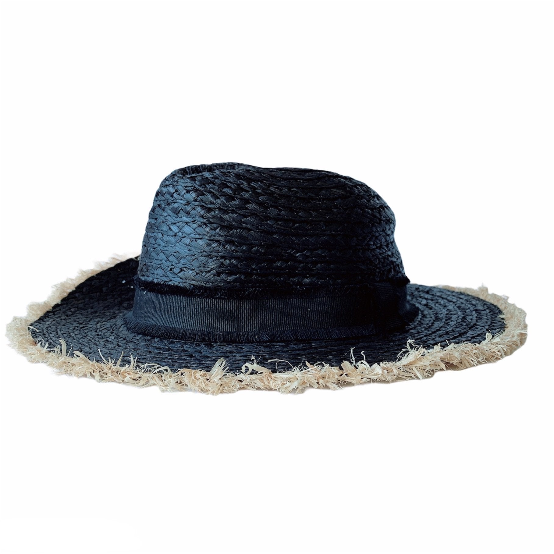 Black Raffia Hat with Natural Fringe
