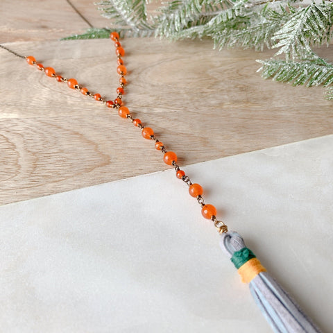 Carnelian Beaded Rosary Necklace with Tassel