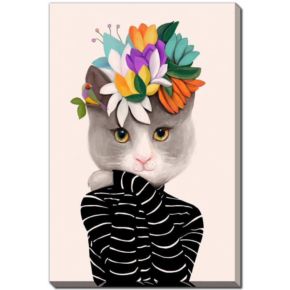 Cat With Flowers & Finch - Printed Canvas