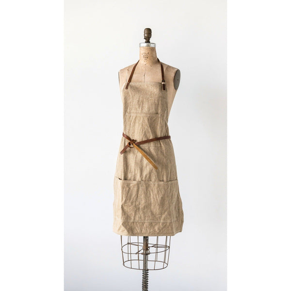 Cotton Canvas Apron With Pockets And Leather Ties