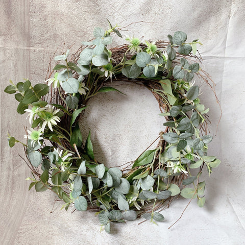 Faux Wreath With Eucalyptus and White Flowers