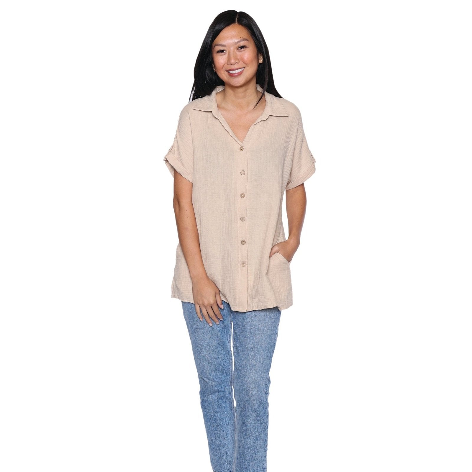 Faye Crinkled Cotton Button Front Top