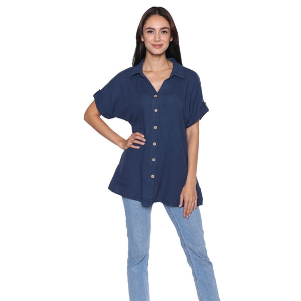 Faye Crinkled Cotton Button Front Top