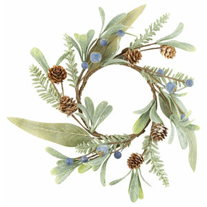 Green Branch Candle Ring With Blue Berries & Pine Cones