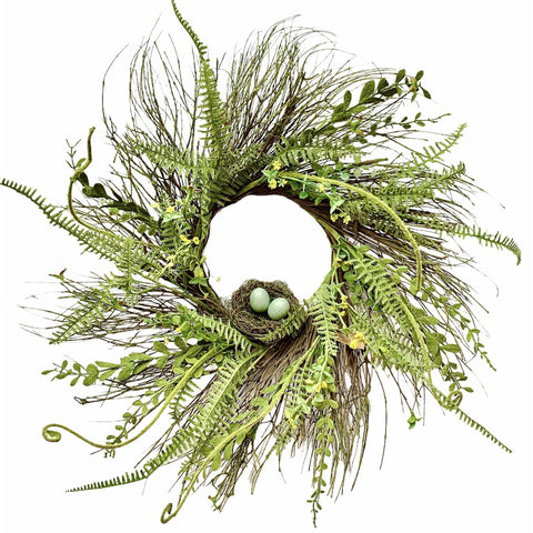 Green Fern & Willow Wreath With Birds Nest