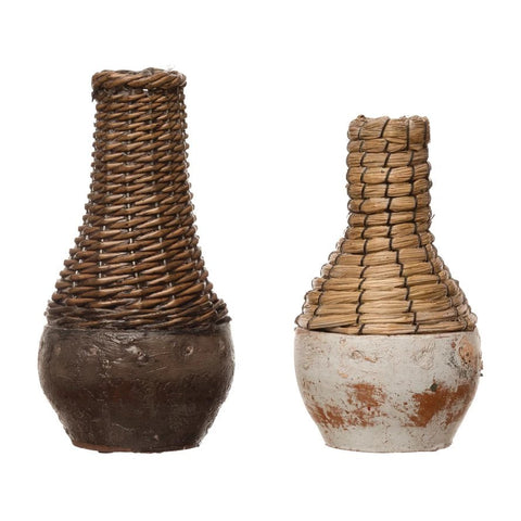 Hand-Woven Rattan & Clay Vase