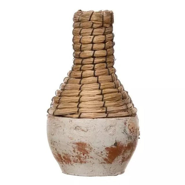 Hand-Woven Rattan & Clay Vase