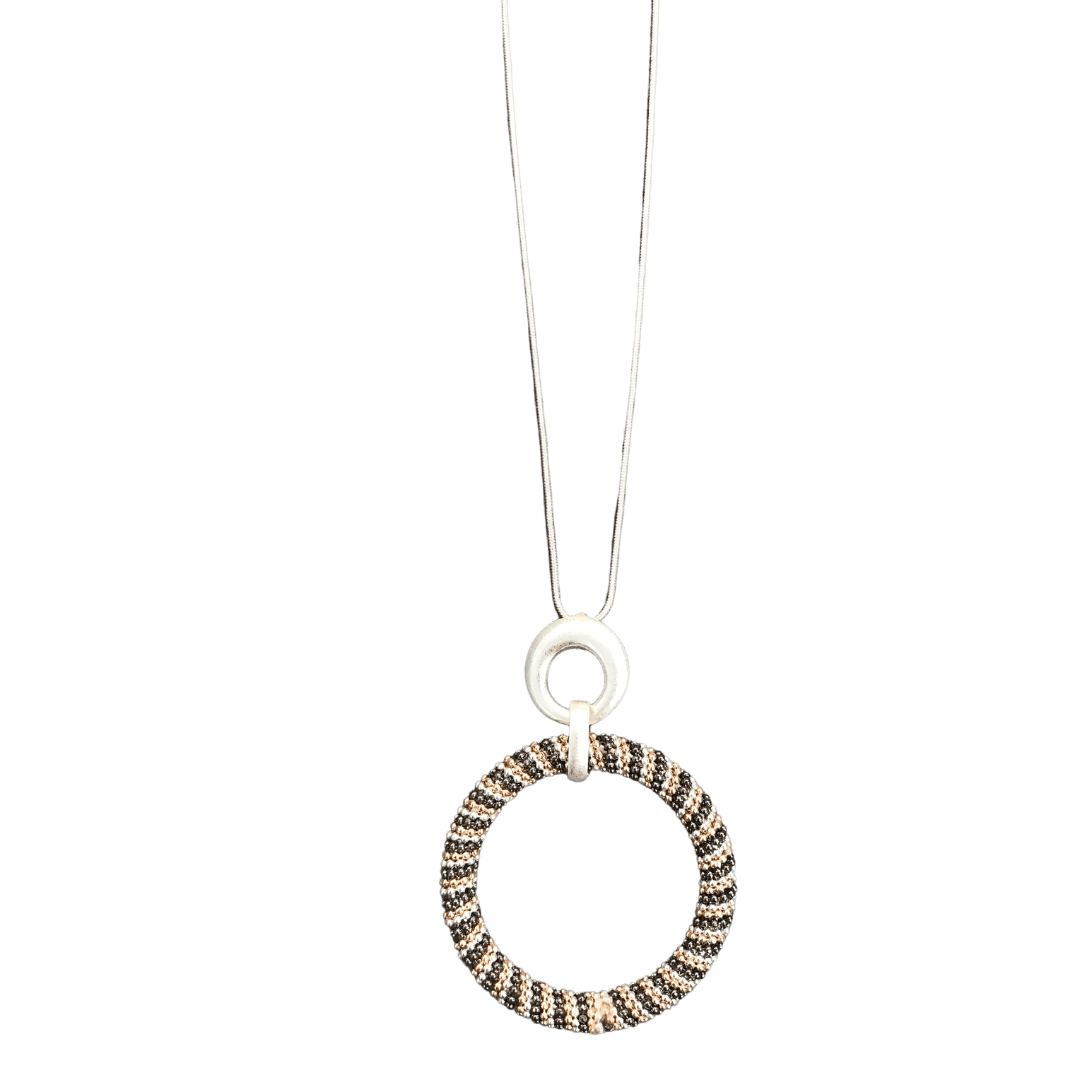 Long Silver Snake Chain With Textured Circle Pendant