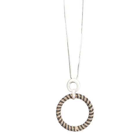 Long Silver Snake Chain With Textured Circle Pendant