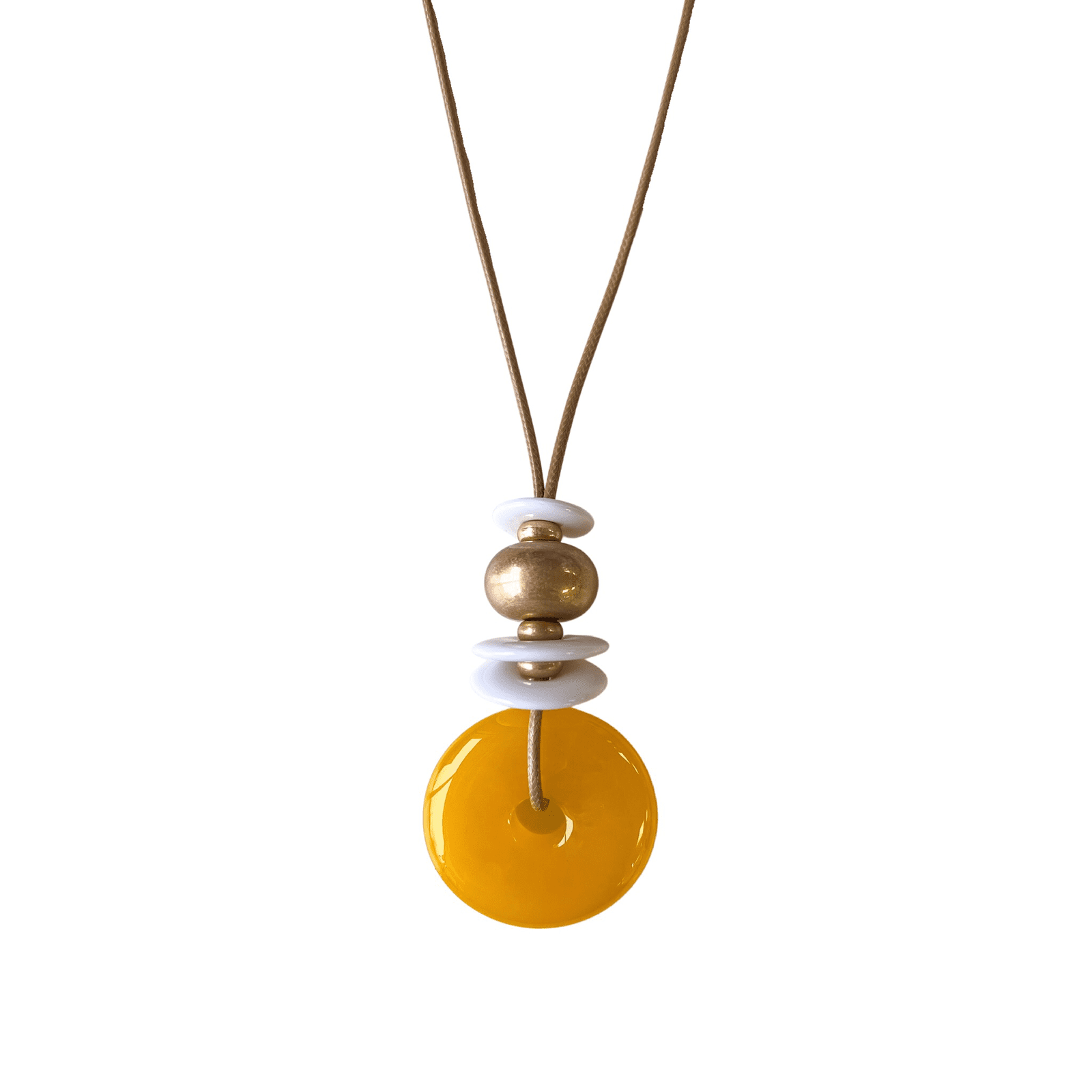 Long Tan Cord Necklace With White & Large Yellow Resin Disc