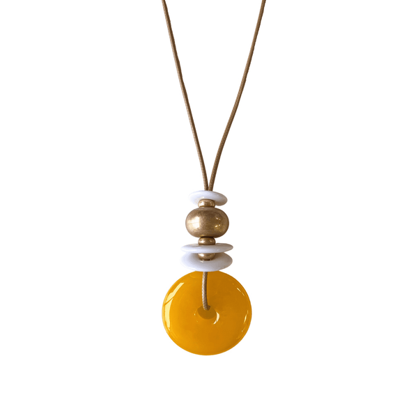 Long Tan Cord Necklace With White & Large Yellow Resin Disc