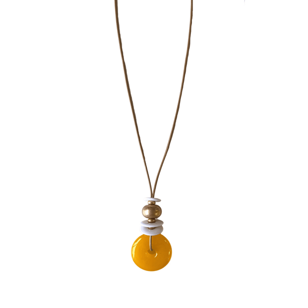 Long Tan Cord Necklace With White & Large Yellow Resin Disc