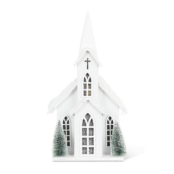 Medium Snowy Tall Church With LED Lights