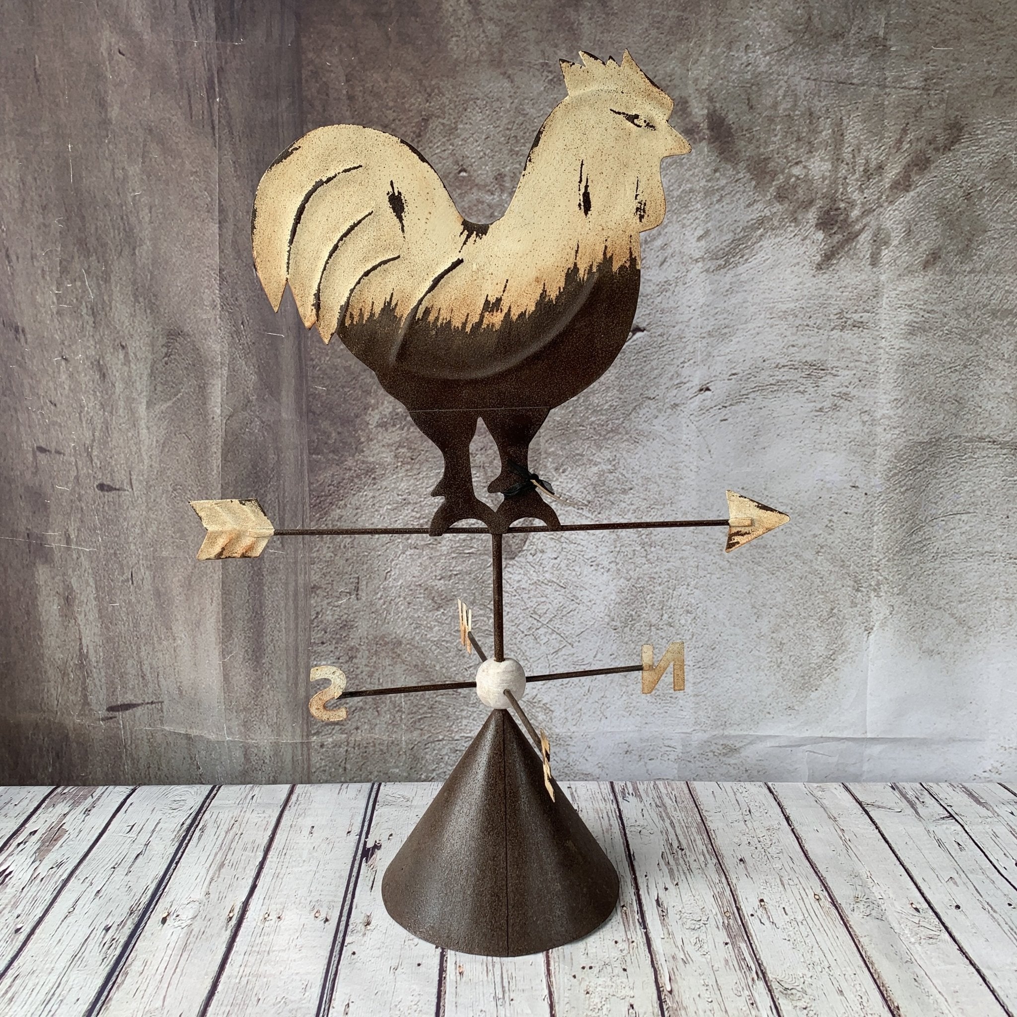 Metal Rooster Perched On Rustic Metal Directional Base