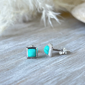 Mini Square Turquoise & Silver Stud Earrings