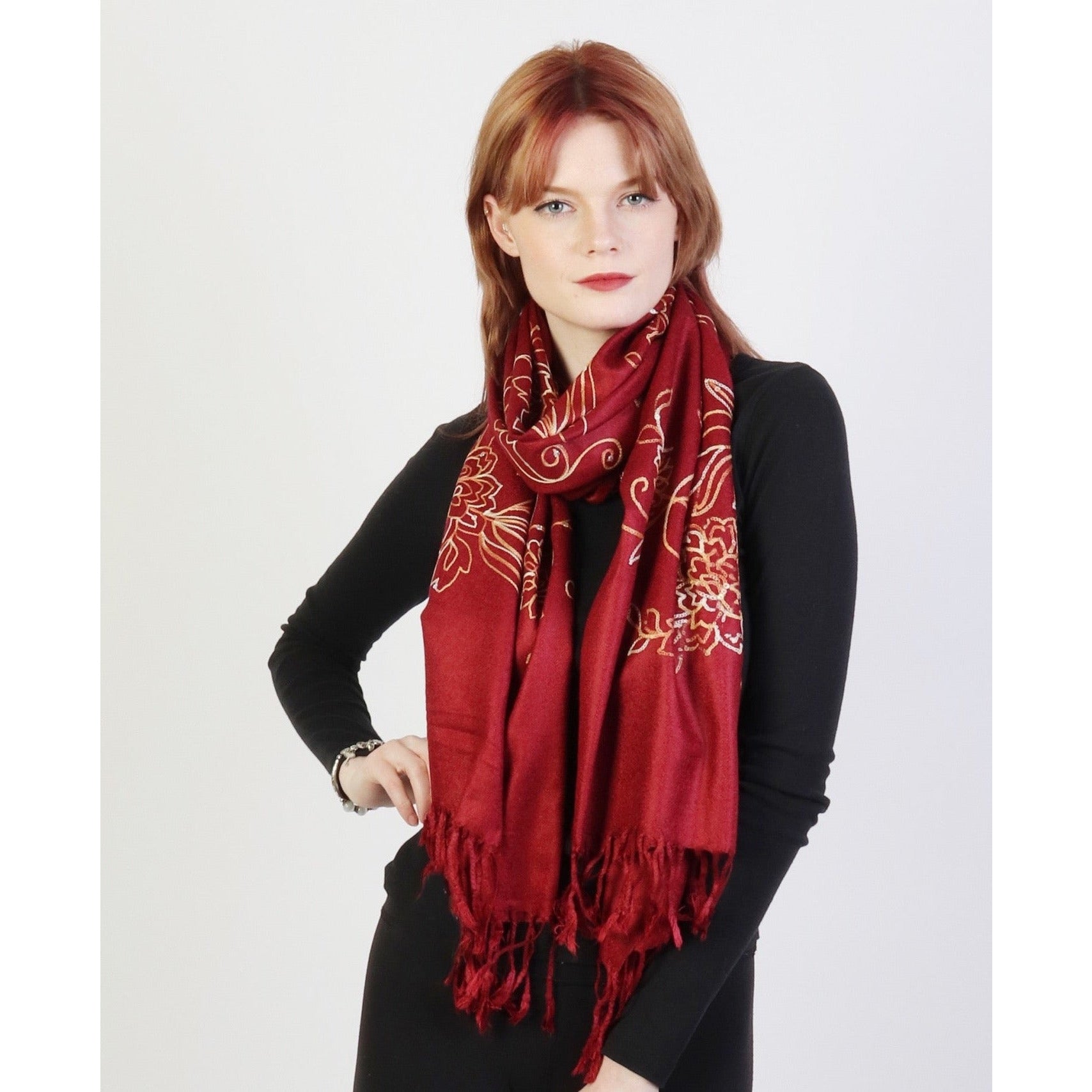 Pashmina Scarf - Burgundy Two-Toned Flower Embroidery