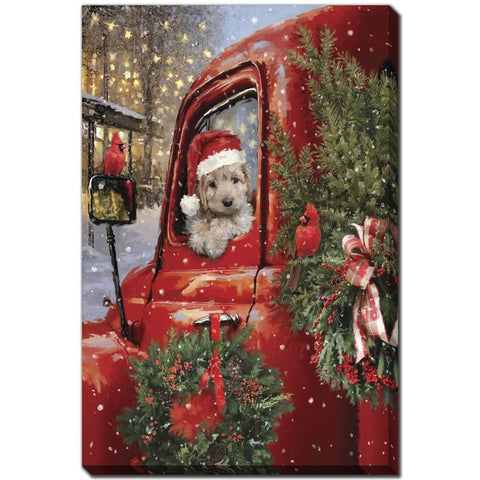 Pup In Santa Hat & Truck - Printed Canvas