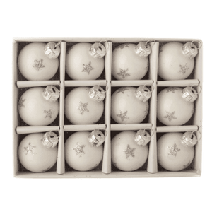 Shiny White With Silver Glitter Ornaments - Set of 12