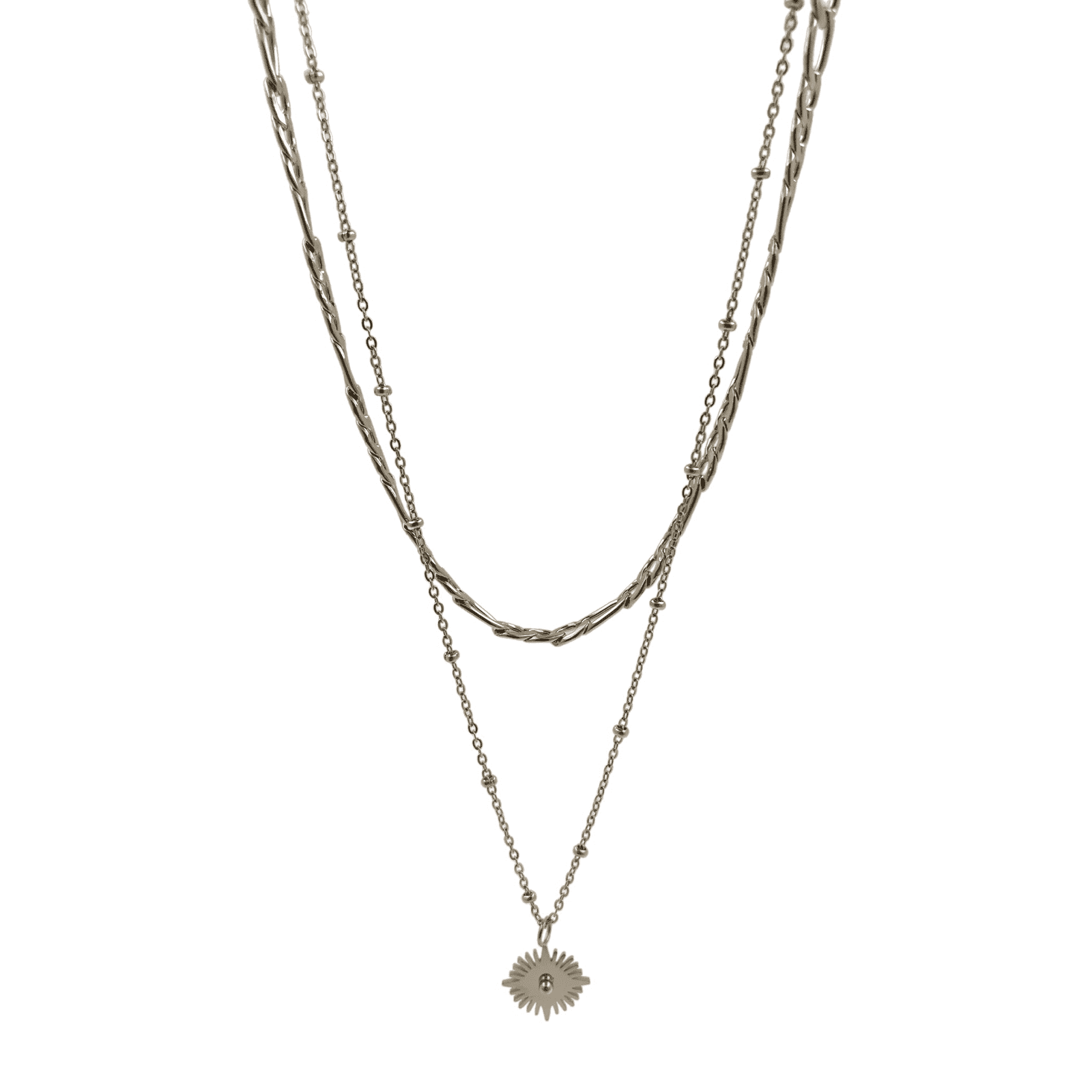 Stainless Steel Double Layered Necklace With Hanging Pendant