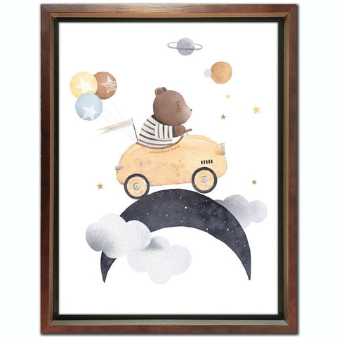 Teddy Bear Rides To The Moon - Framed Printed Canvas