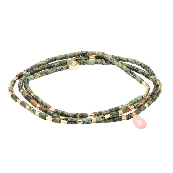 Transformation - African Turquoise, Watermelon & Gold - Teardrop Stone Wrap Bracelet / Necklace