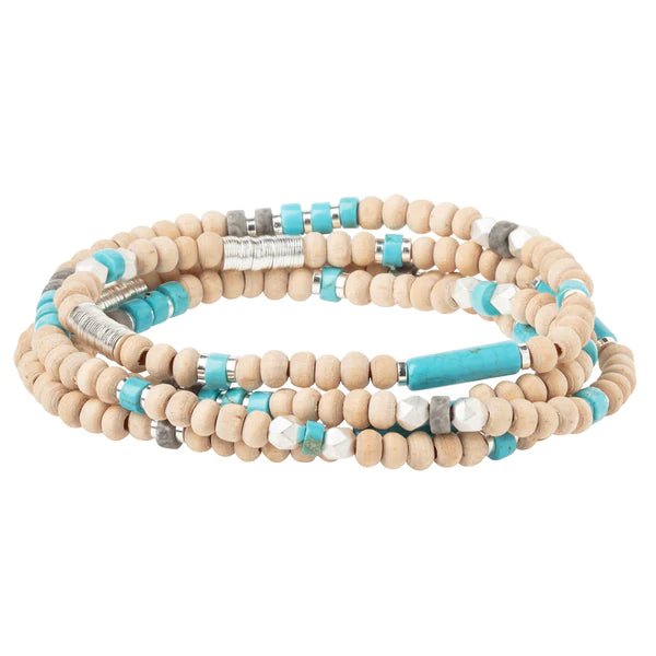 Turquoise - Stone Of The Sky - Wood, Stone & Metal Wrap Bracelet / Necklace