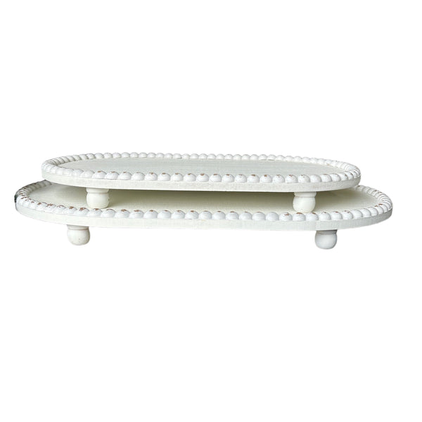 White Bead Oval Wooden Tray