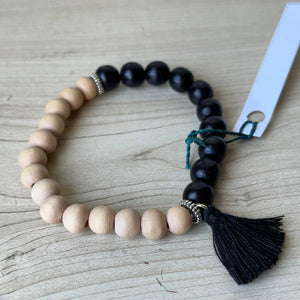 Wood, Black Bead & Tassel Bracelet
