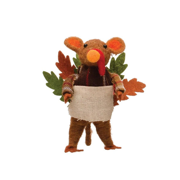 Wool Felt Turkey Mouse With Plaid Shirt & Apron